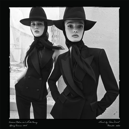 Two women pose in black suits and hats in a black and white fashion editorial shot outdoors against a textured wall backdrop.