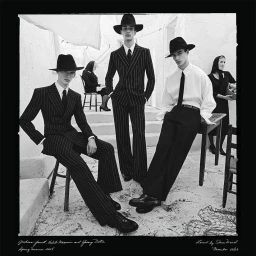 Three male models in pinstripe suits and black hats posing outdoors for Dolce and Gabbana Spring 2024 campaign