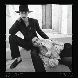 Black and white portrait of two male models posing on outdoor stone steps for Dolce and Gabbana Spring 2024 campaign