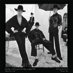 Black and white fashion campaign image featuring group of male models in black attire and wide-brimmed hats outdoors.