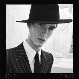 Black and white portrait of a male model wearing a fedora hat and pinstripe suit for Dolce & Gabbana Spring 2024 campaign