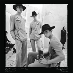 Black and white fashion campaign image featuring three male models wearing hats and tailored suits against a rustic architectural backdrop.
