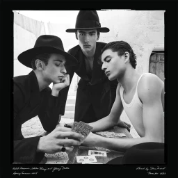 Three young men playing cards outdoors, wearing fedoras and dark coats, captured in a square black-and-white editorial photograph.