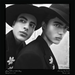 Two male models wearing black hats and blazers with floral lapel pins in a black and white portrait.