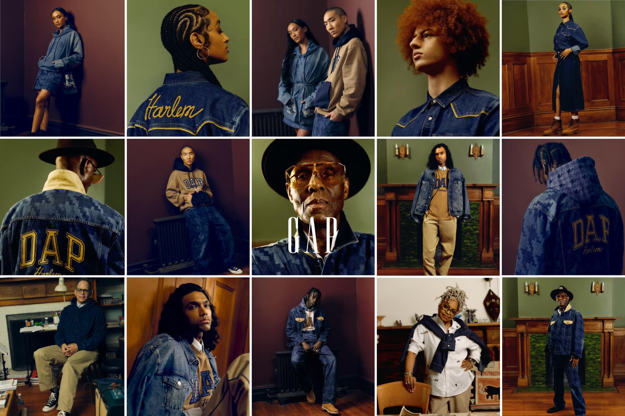 Multiple studio portraits of diverse fashion models wearing denim and casual clothing. The Gap and Harlem branding is visible.