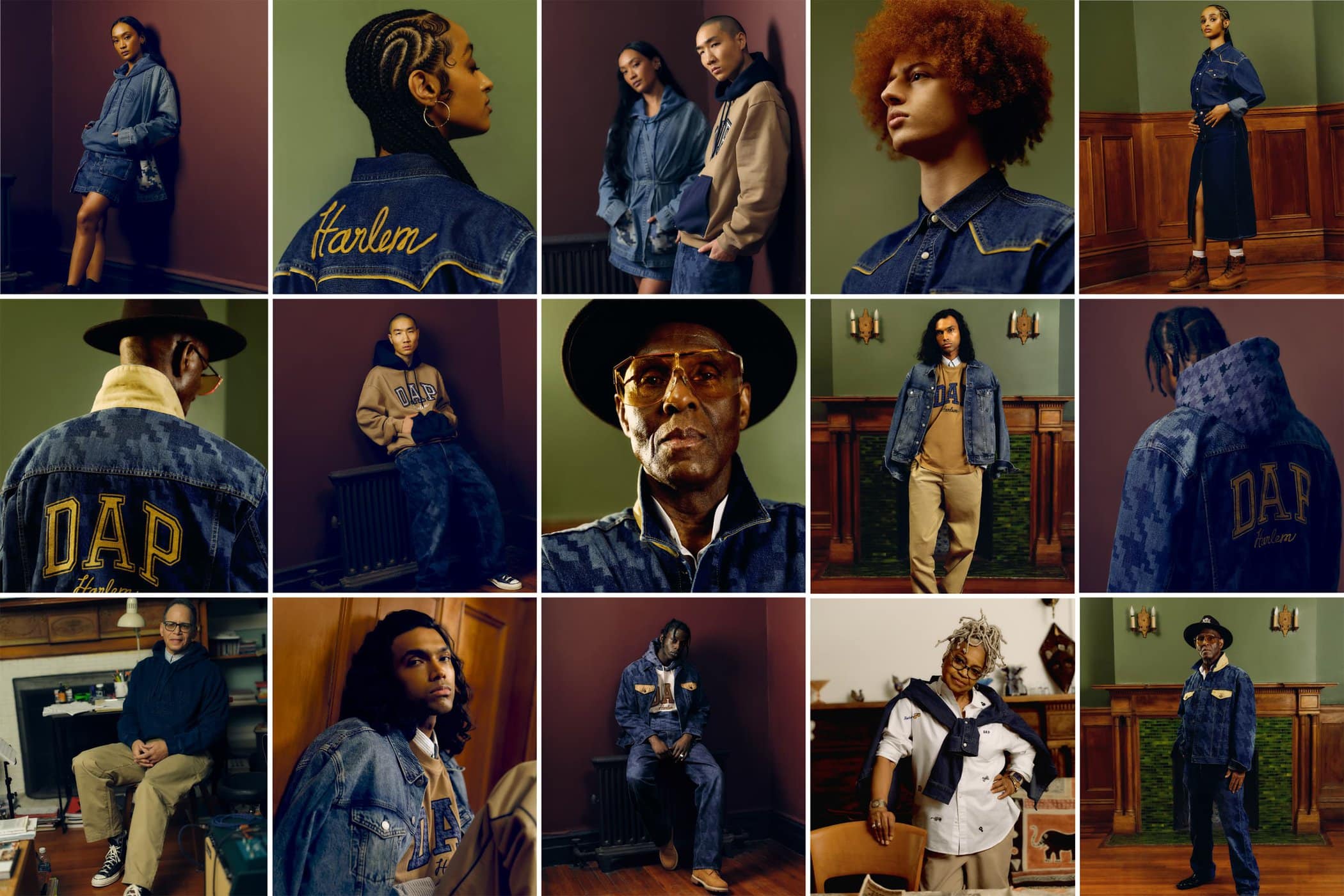 Collage of diverse models wearing denim clothing and jackets with logos indoors in a studio setting, showcasing fashion apparel.