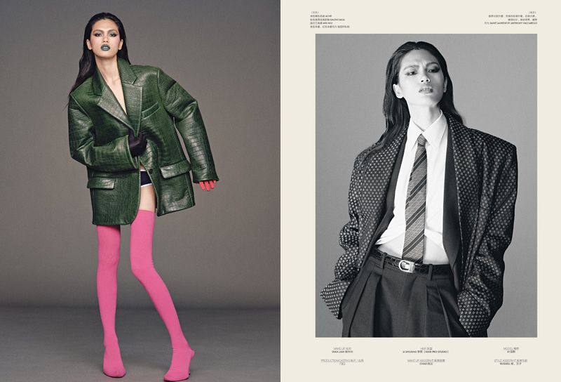 Fashion editorial features a woman in an oversized green jacket and pink stockings on grey. Black and white version on neutral.