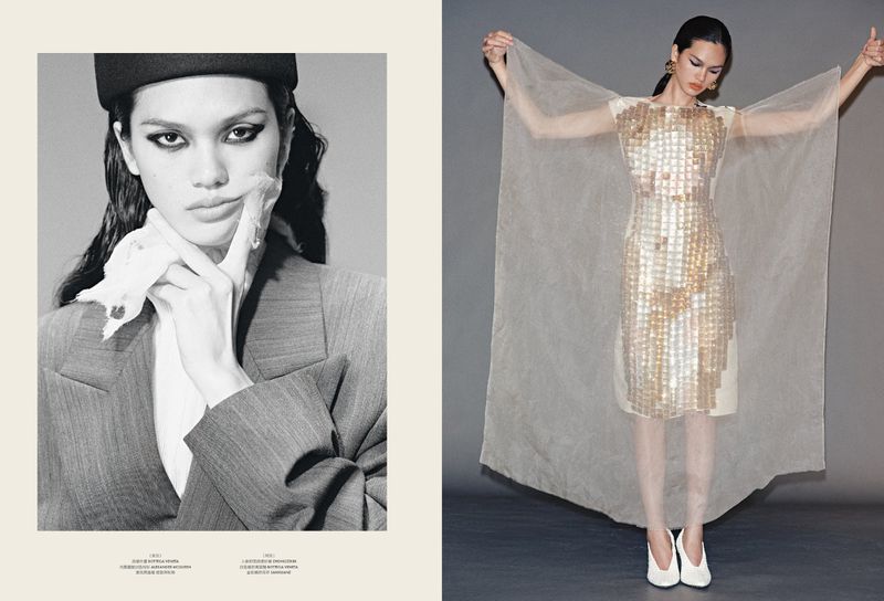 A fashion editorial featuring two contrasting images: a close-up of a woman in a suit and a full shot of a woman in a sheer dress.
