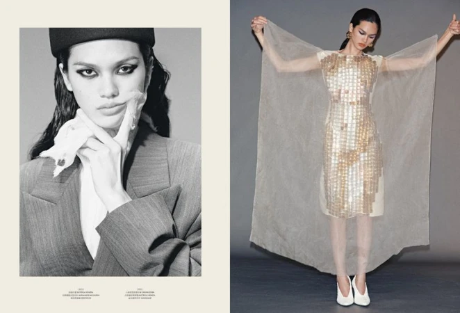 A fashion editorial featuring two contrasting images: a close-up of a woman in a suit and a full shot of a woman in a sheer dress.