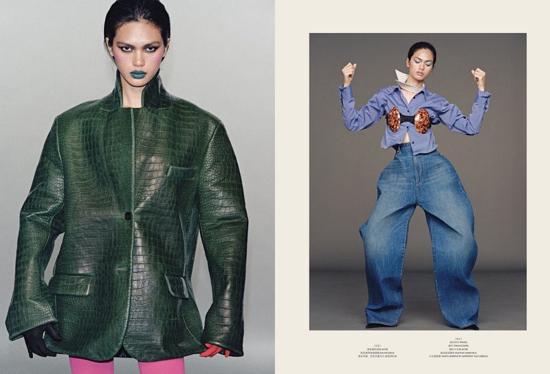Fashion editorial featuring a woman in an oversized green crocodile-skin jacket with bright pink tights and another in oversized blue jeans.