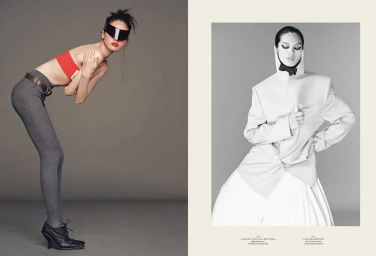 A fashion editorial spread featuring a model in futuristic eyewear and a red bandeau, alongside a model in a high-collared white jacket.