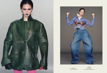 Model Qun Ye wearing a textured green coat with dark makeup for V Magazine China, photographed by Xia Shuxi.