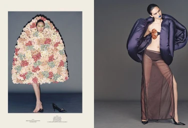 Model wearing a structured floral garment on the left and a puffy purple jacket with sheer skirt on the right for V Magazine China.