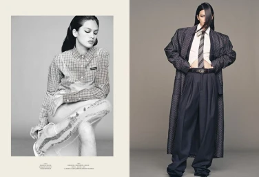 Two fashion models posing in a split-frame layout for V Magazine China, wearing tailored plaid and oversized patterned outerwear.