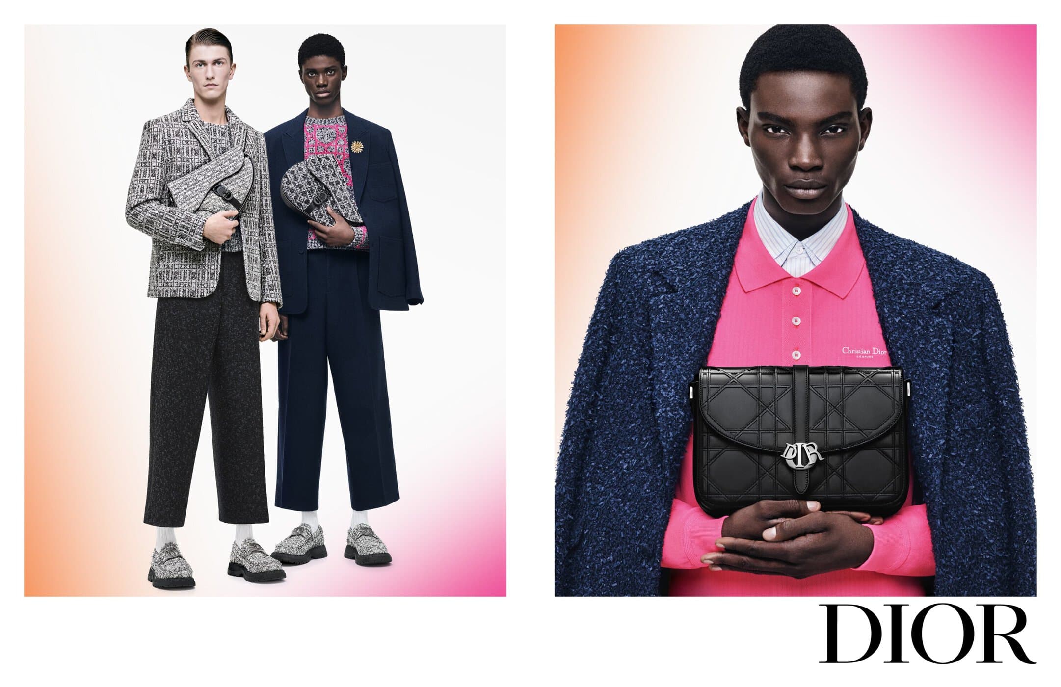 Two male models in tailored suits showcase patterned handbags against a soft gradient backdrop in a studio fashion editorial.