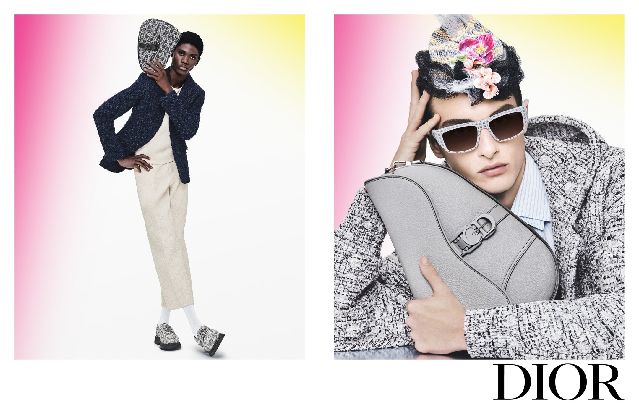 Two fashion models pose with purses in a studio setting with pink and yellow background, showcasing modern apparel and accessories.
