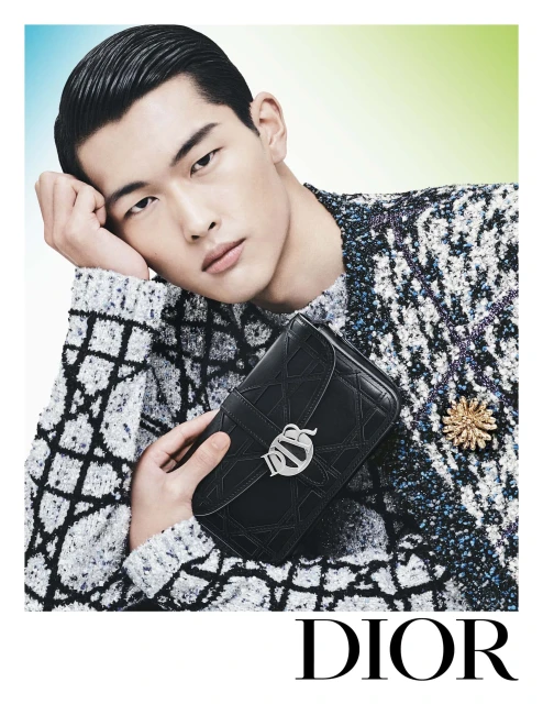Asian male model poses with a black Dior purse and wearing a patterned sweater in a fashion studio with soft lighting.