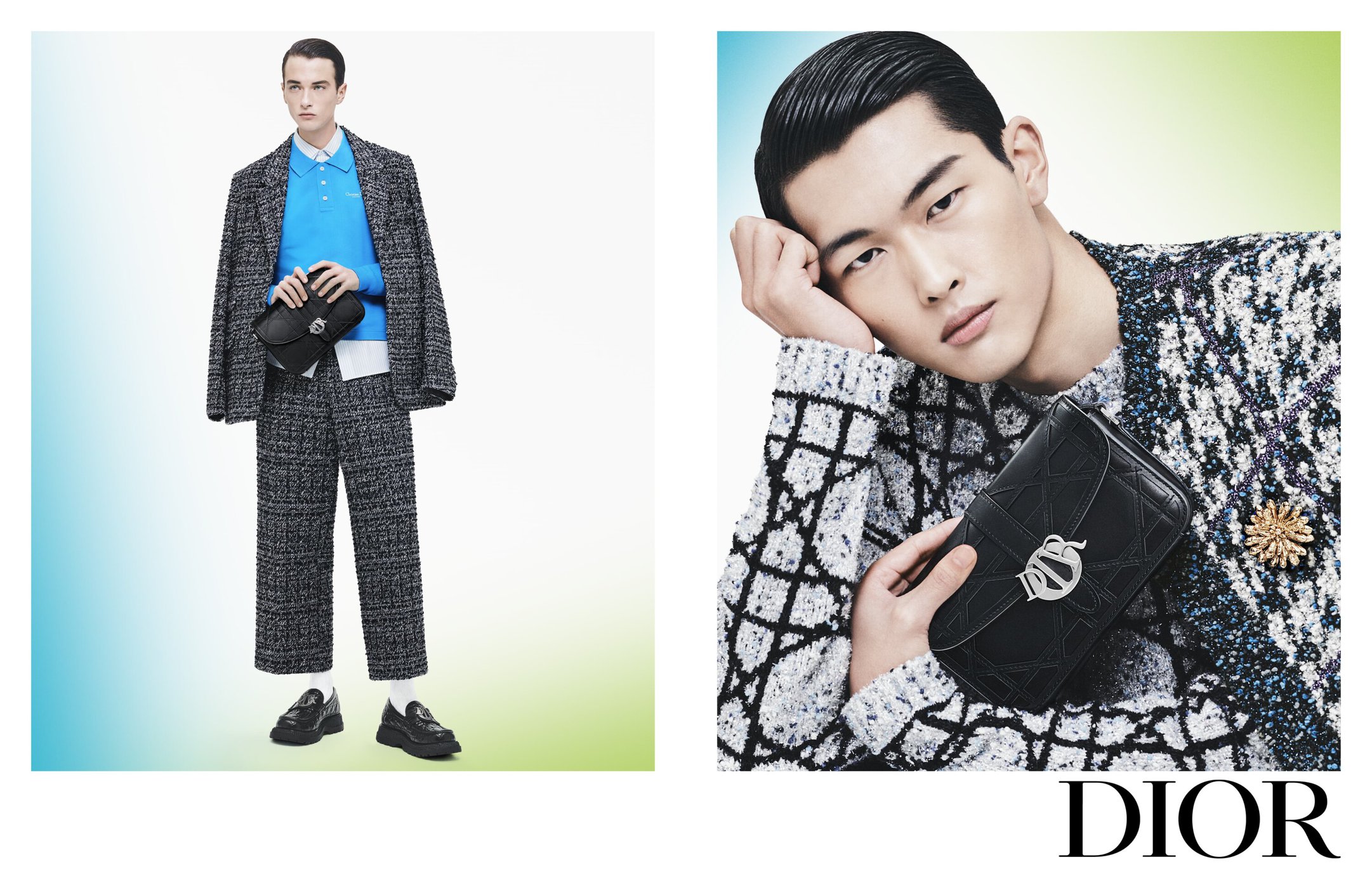 Two fashion shots feature a male model in tweed suit with a black purse and a close-up of his face with the purse.