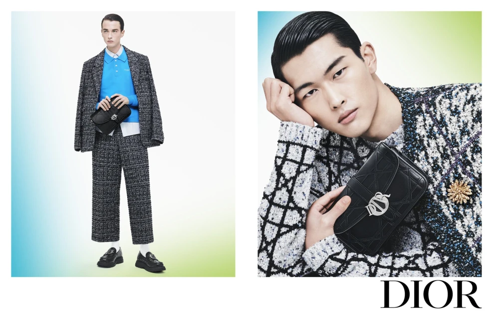 Two fashion shots feature a male model in tweed suit with a black purse and a close-up of his face with the purse.