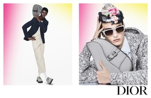 Two fashion models posing against a gradient backdrop for Dior, featuring textured jackets and designer handbags.