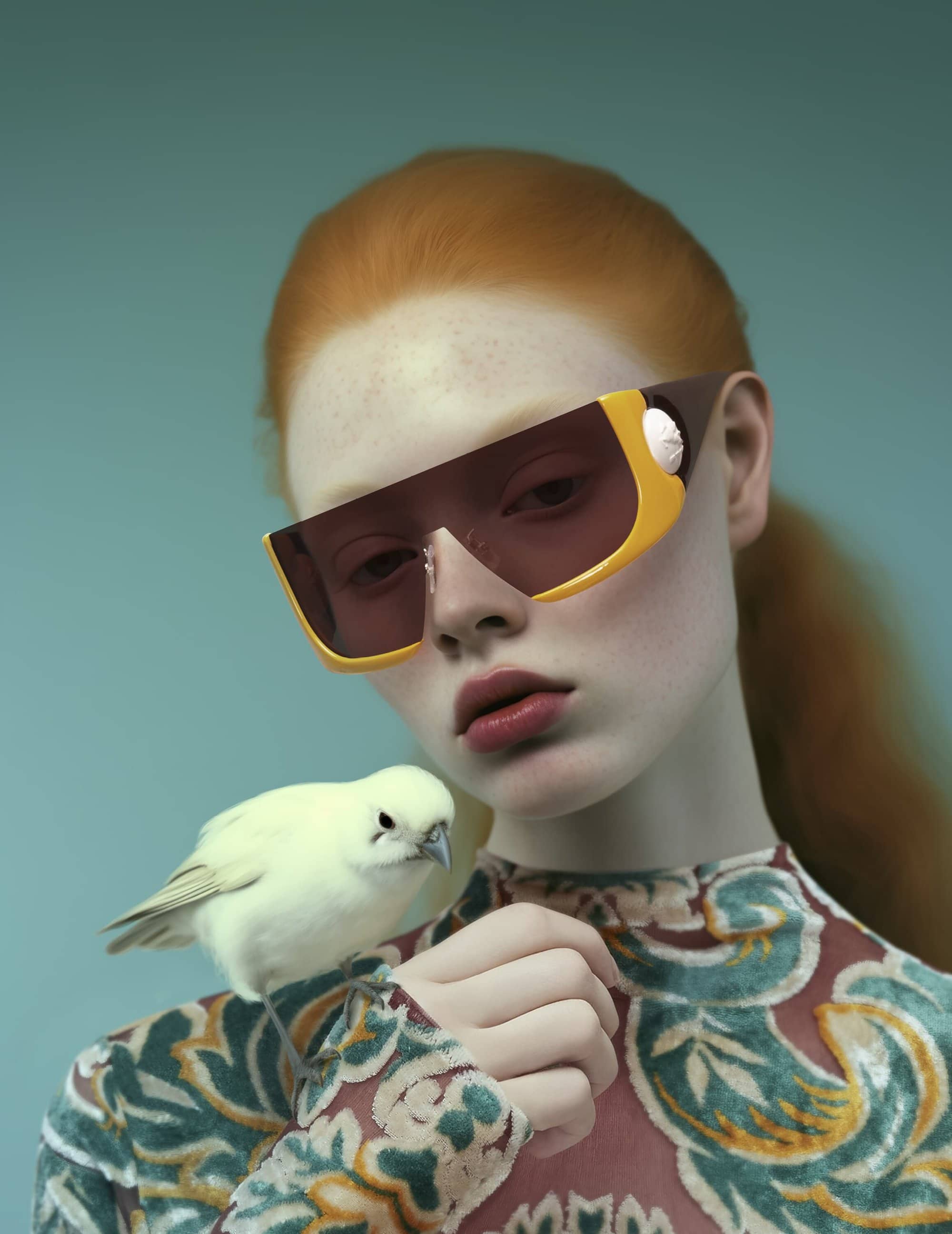 Portrait of a red-haired woman wearing yellow sunglasses with a white bird perched on her hand against a blue background.