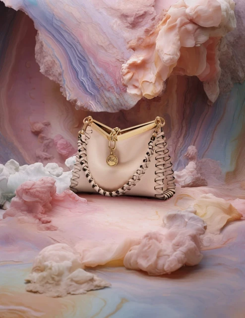 Cream leather purse with gold hardware and a circular gold logo charm, pictured against an abstract pink and blue swirling background.