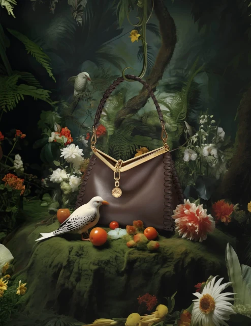 A brown leather handbag with gold hardware is the focus, surrounded by an enchanting display of flowers, fruits, and lifelike bird figures.