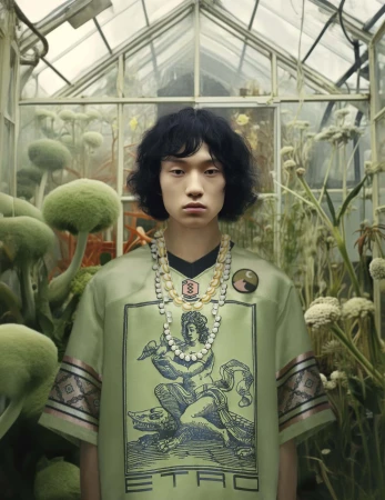 Asian male model wears a light green patterned shirt with shell necklaces, posing inside of a lush greenhouse filled with plants.