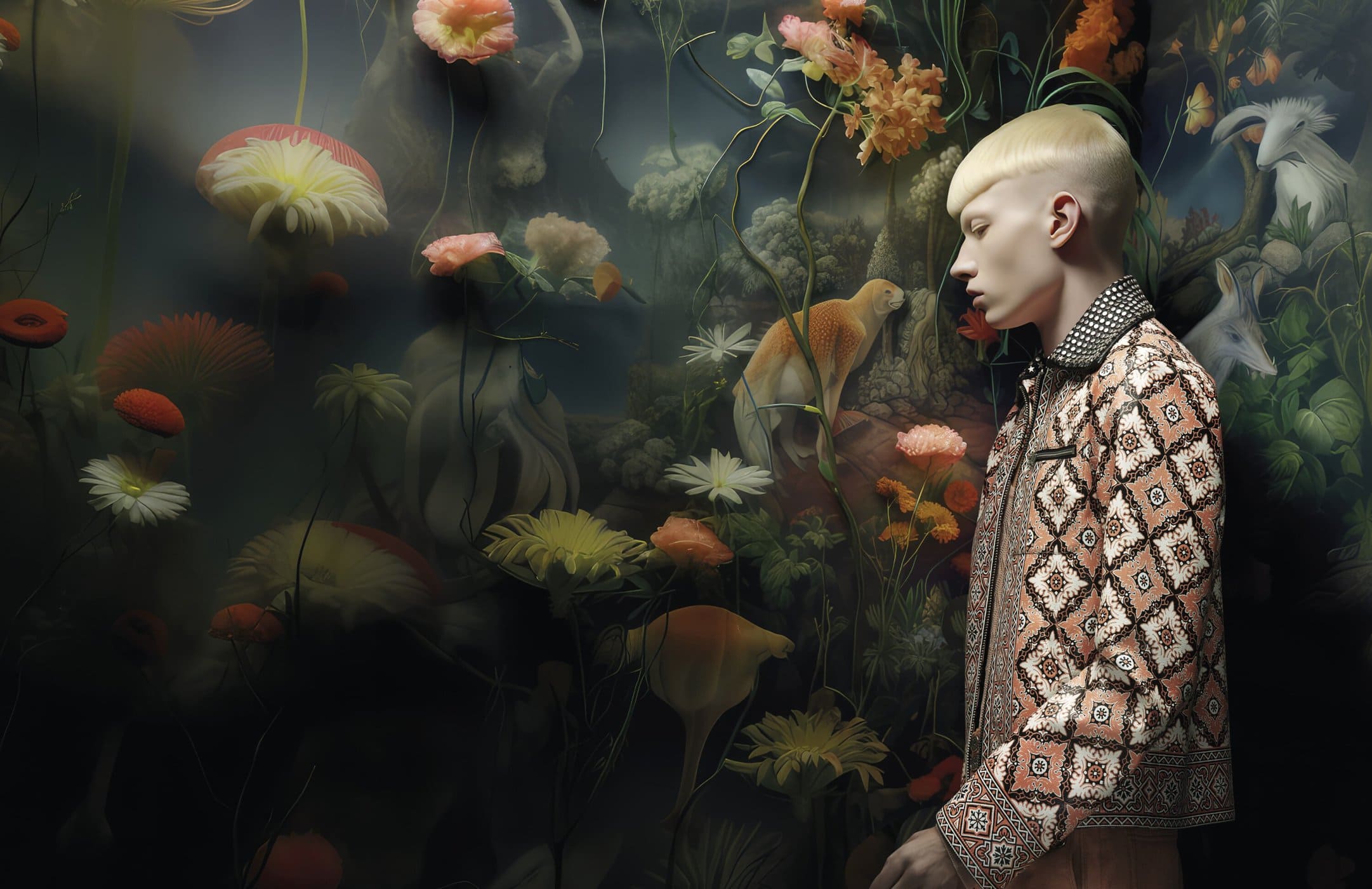Male fashion model poses in patterned jacket with fantasy floral and animal art background, creating an editorial portrait. 
