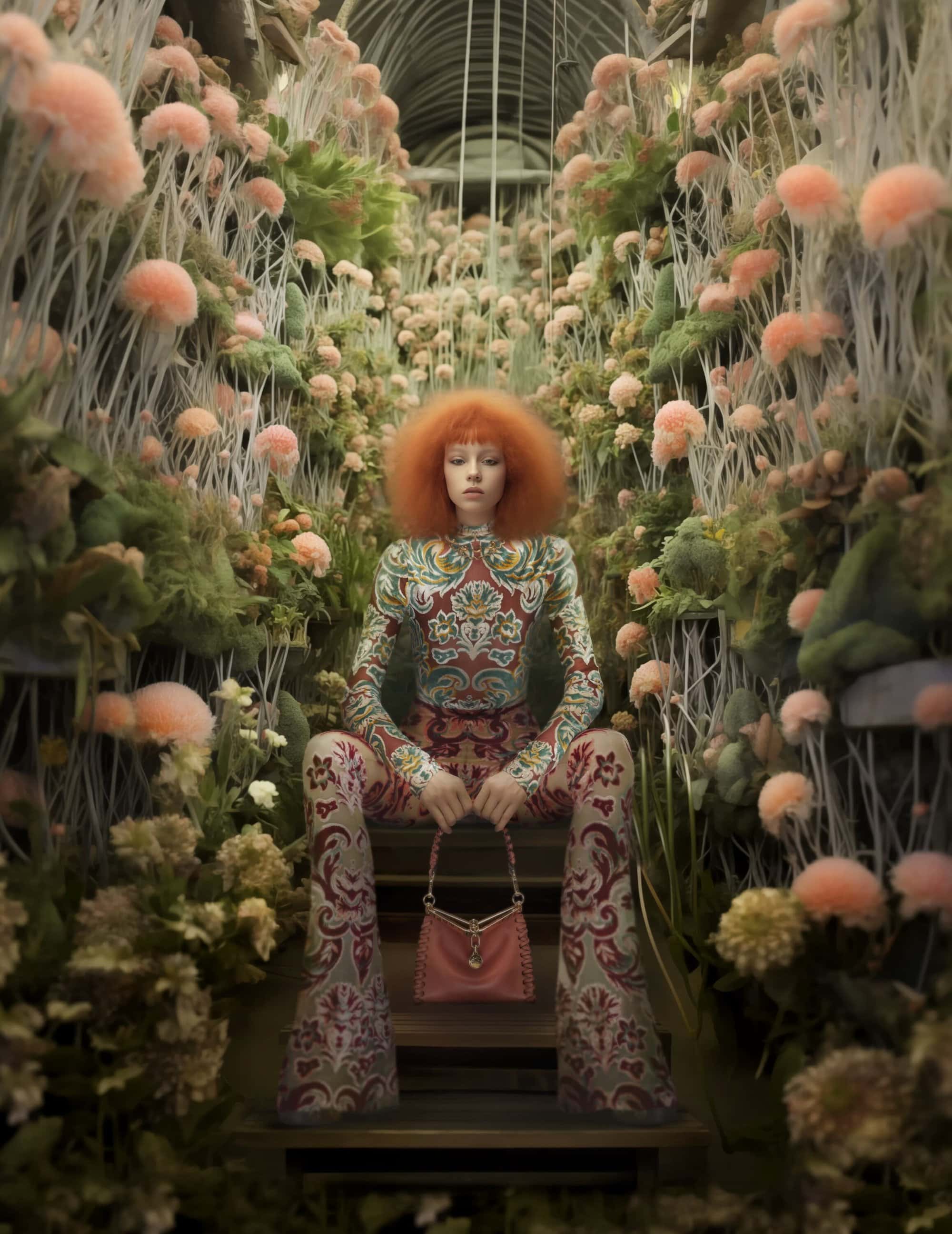 A red-haired woman in patterned retro fashion sits among plants in an indoor greenhouse, holding a small handbag.