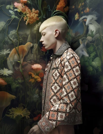 Profile shot of a fair-skinned adult male with a bowl cut wearing a patterned jacket with an illustrated nature scene backdrop featuring flowers and animals.