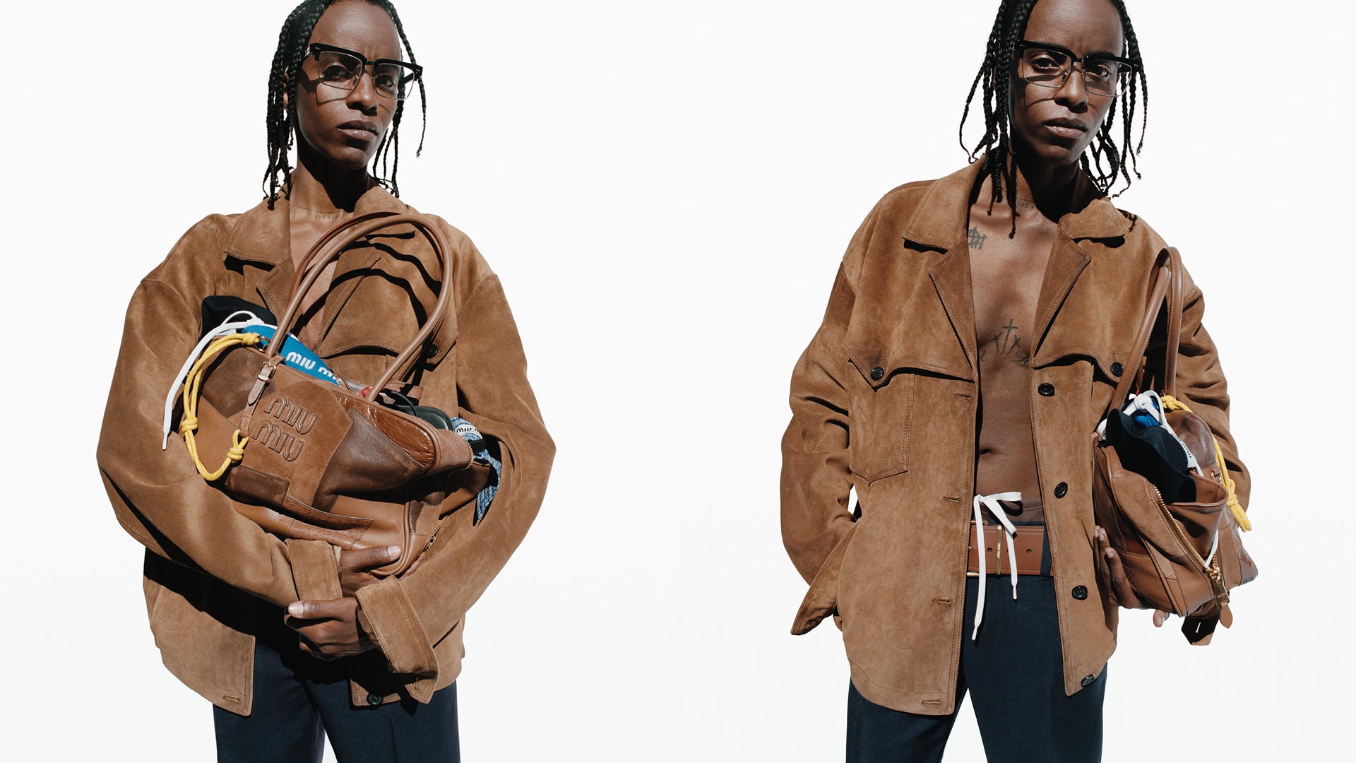 A model showcases a brown leather Miu Miu purse and suede jacket in a studio shot with a white background, highlighting fashion and style.