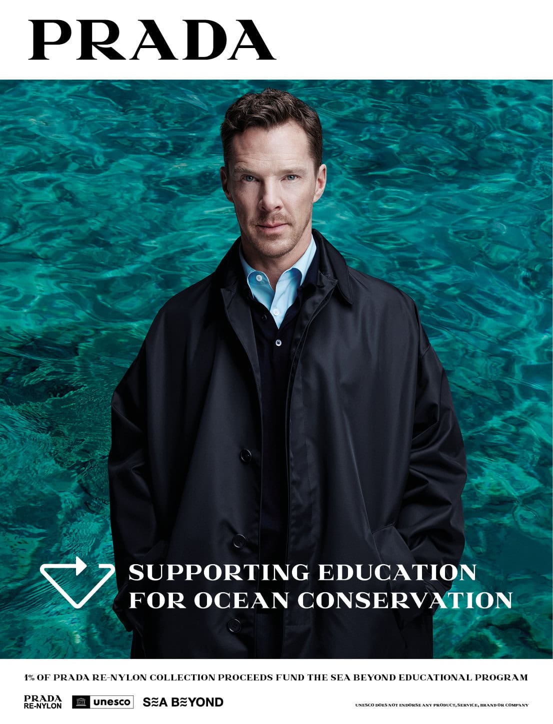 Man in Prada Re-Nylon coat stands against an abstract aqua ocean background; Prada supports education for ocean conservation. Fashion editorial.