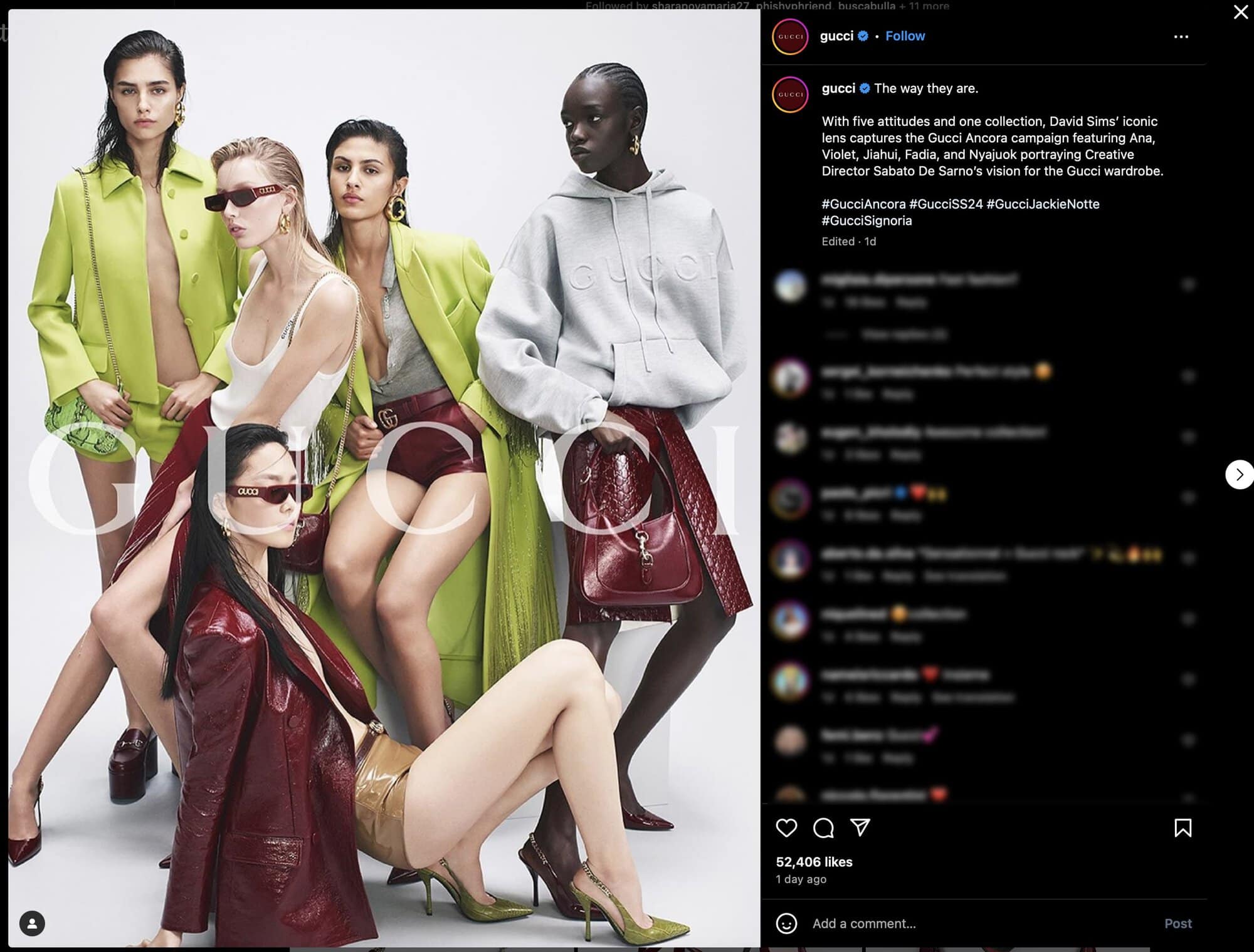 Group of five fashion models pose together wearing bright outfits including jackets, shorts, mini skirts, sunglasses, and handbags for Gucci.