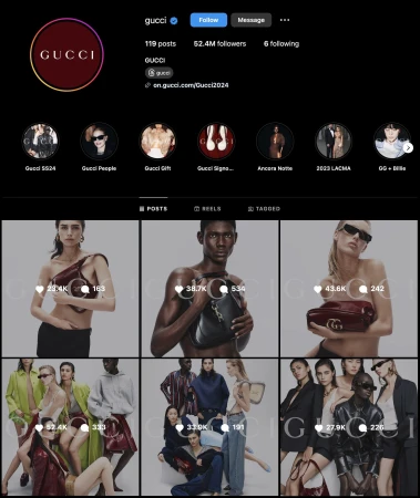 Gucci Instagram feed showcasing recent posts with models displaying various bags and fashion pieces. The brand's logo and profile details are visible.