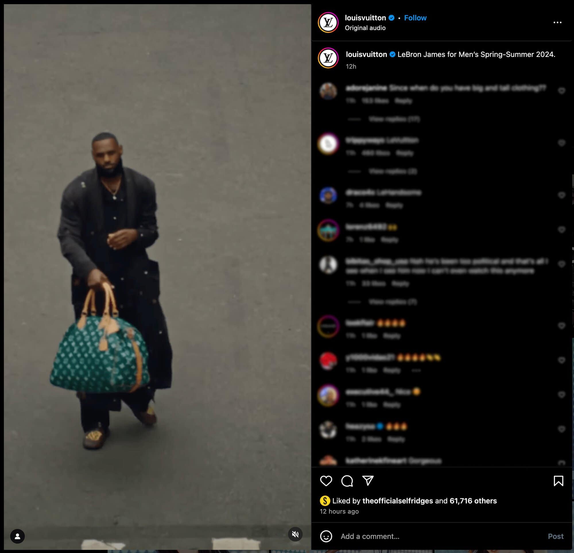 LeBron James wearing an all-black outfit with a large green duffel bag on an outdoor city street, promoting Louis Vuitton