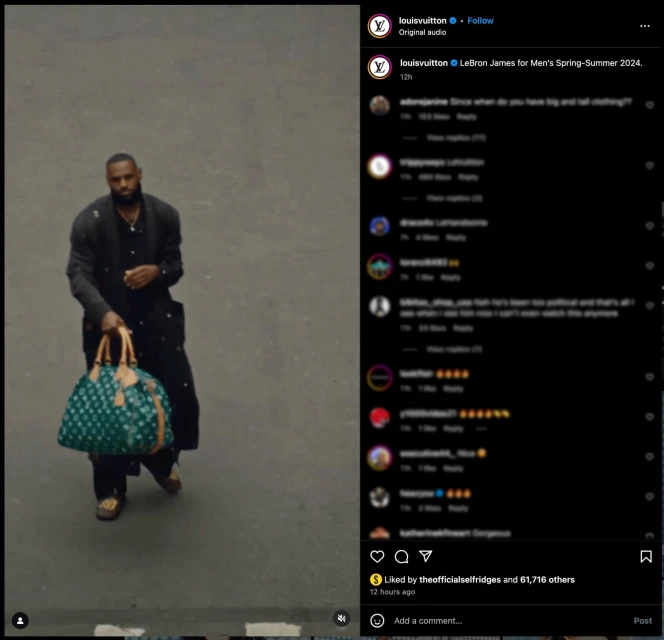 LeBron James wearing an all-black outfit with a large green duffel bag on an outdoor city street, promoting Louis Vuitton