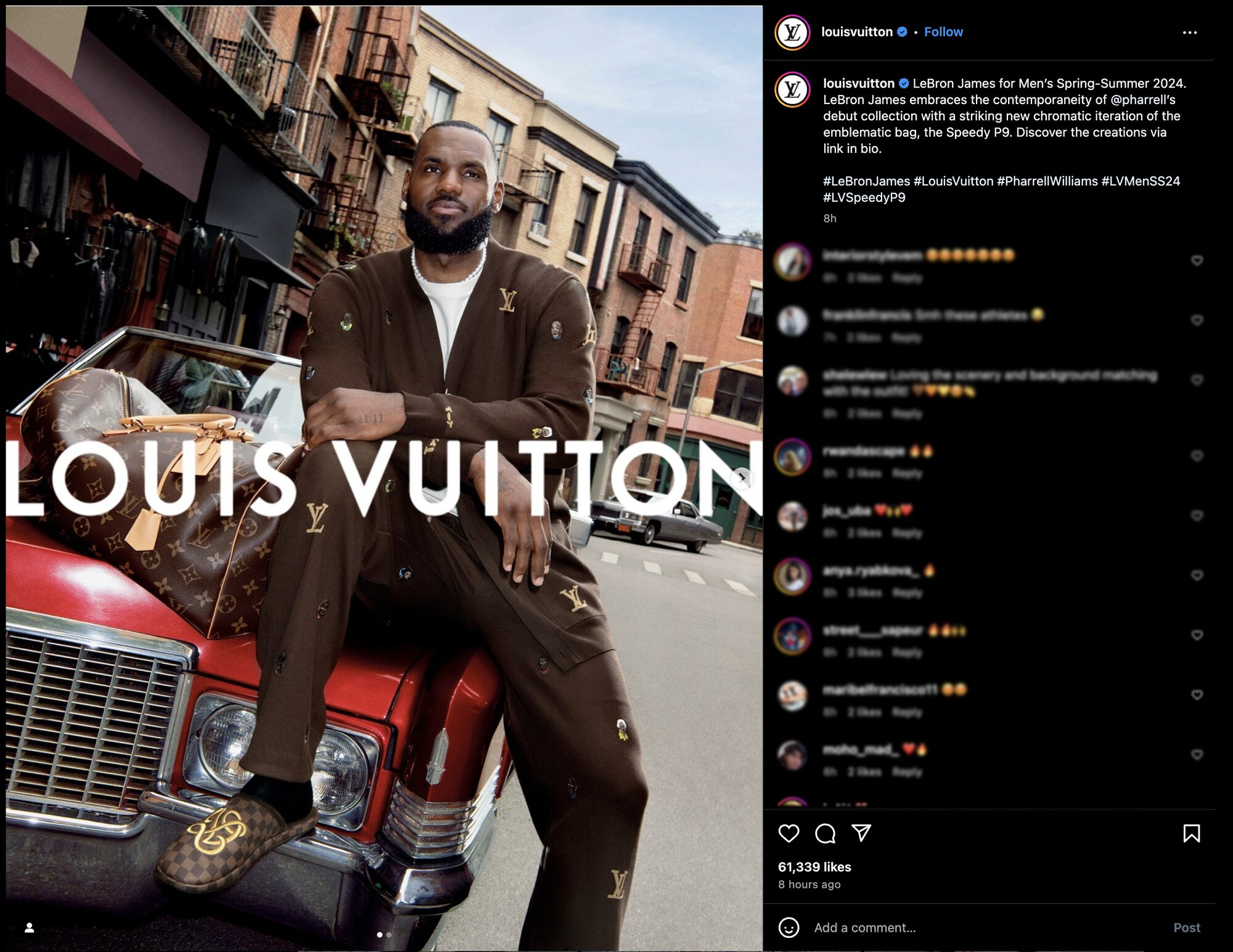 LeBron James, photographed on an auto in a Louis Vuitton ensemble, showcases brown cardigan and matching trousers featuring brand emblems.
