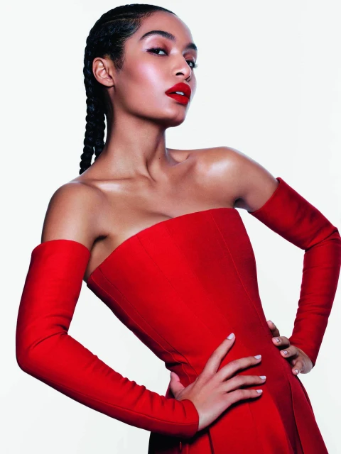 Portrait of woman with braided hair, wearing a red, off-the-shoulder dress and matching arm coverings, hands on hips, against a white background.