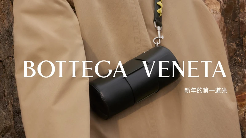 Black Bottega Veneta cylinder purse on shoulder strap, tan jacket, and blurred brown-toned woodgrain background in an ad.