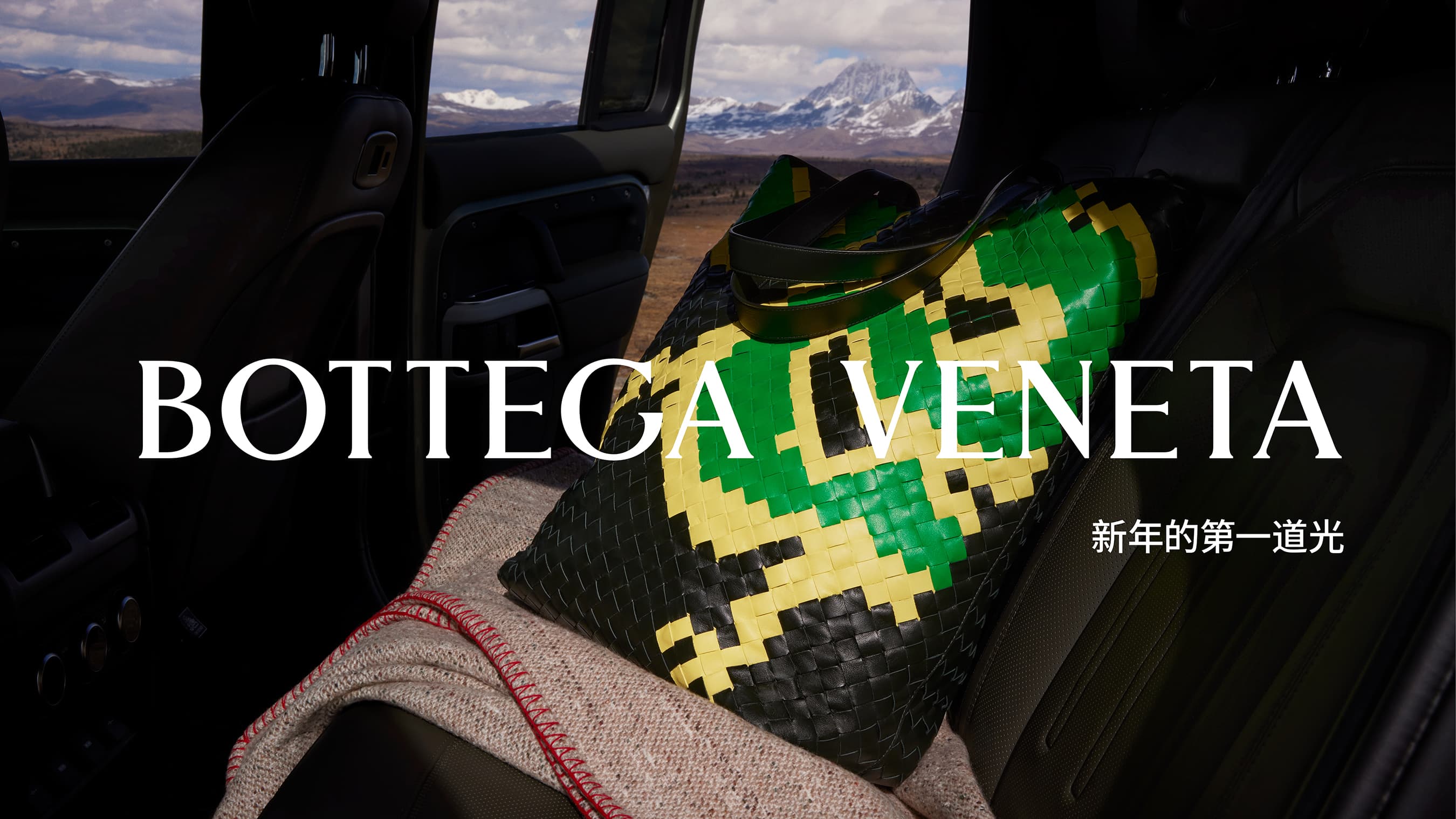 Bottega Veneta bag with green and yellow details on a seat in a car with a view of a mountain range in the background.