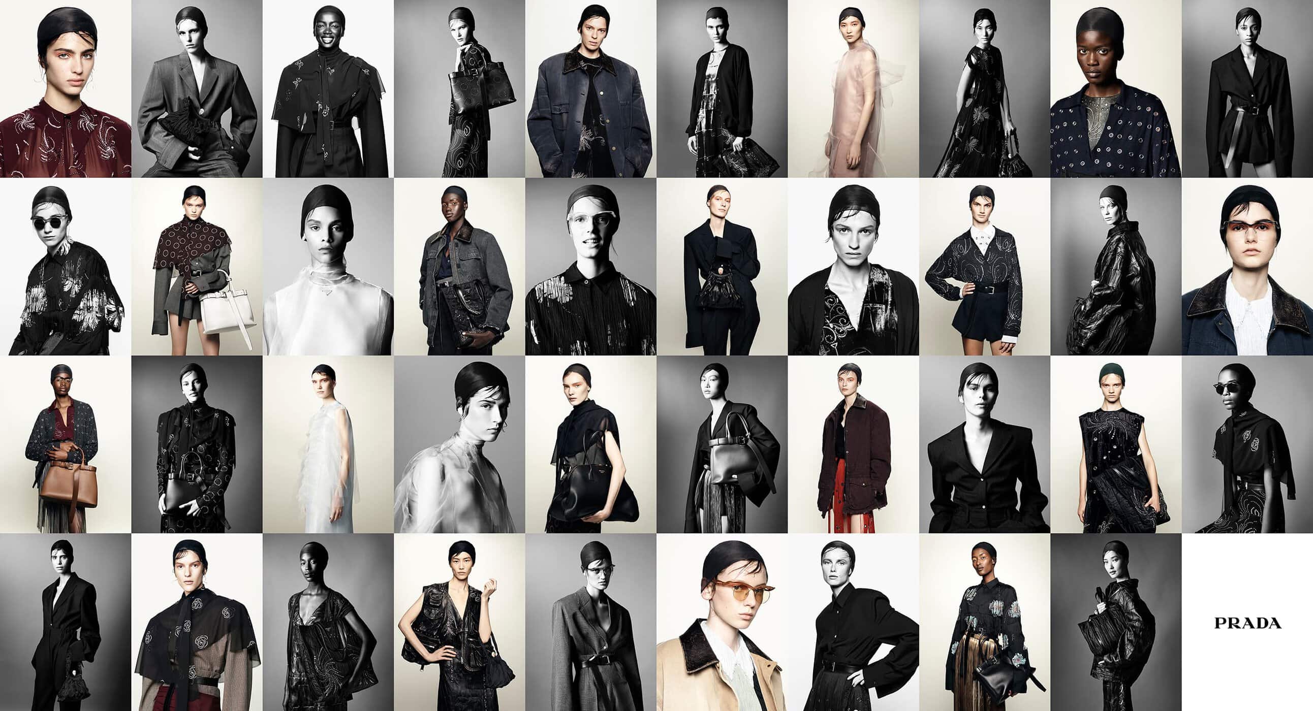 Fashion editorial shot of diverse women wearing Prada clothing and accessories, captured in a photo studio with a grey background.