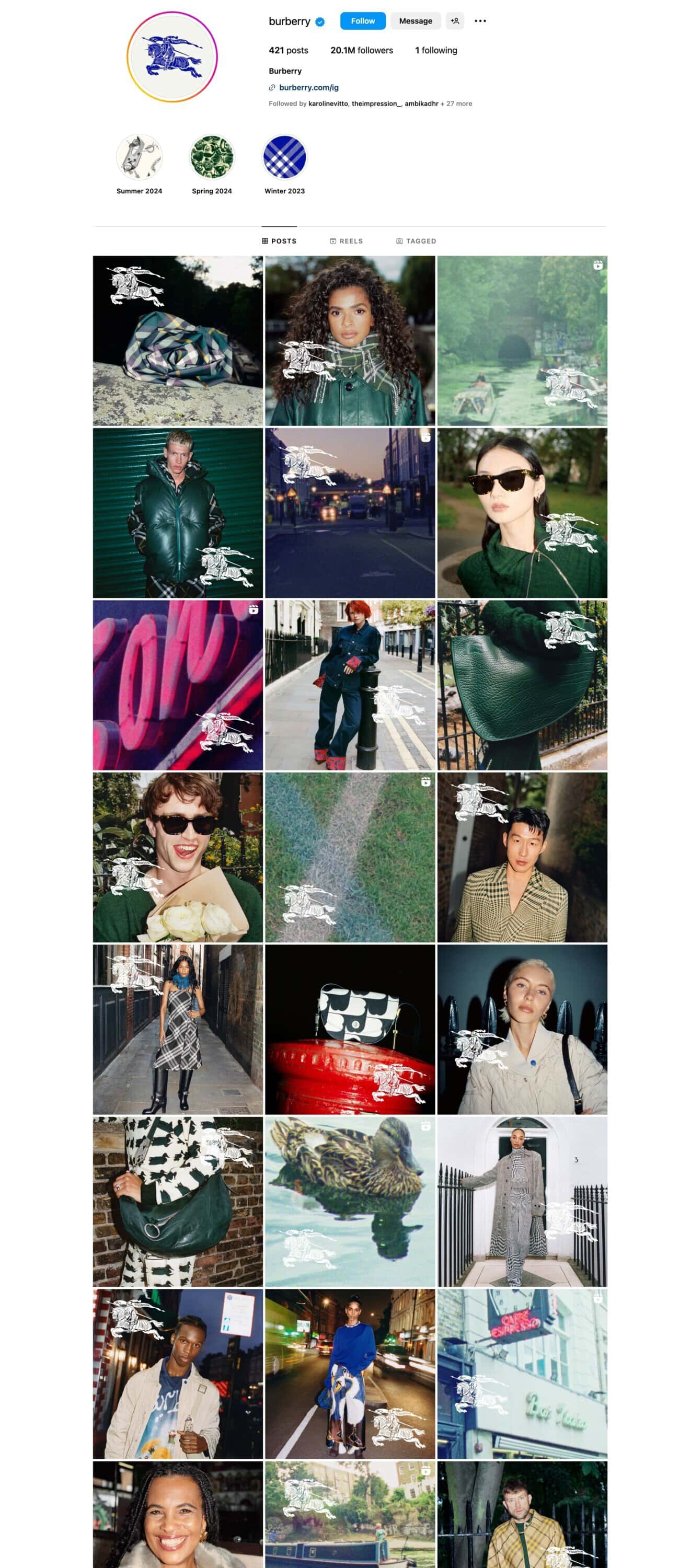 Burberry Instagram grid featuring fashion photography, model portraits, cityscapes, and product close-ups, showcasing brand's aesthetic.