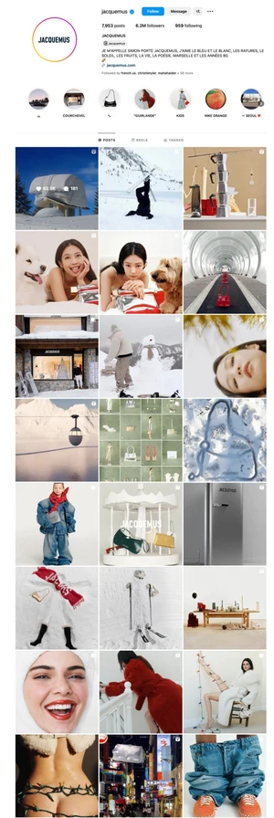 Screenshot of a Jacquemus Instagram profile grid displaying various winter holiday campaign posts against snowy backdrops.