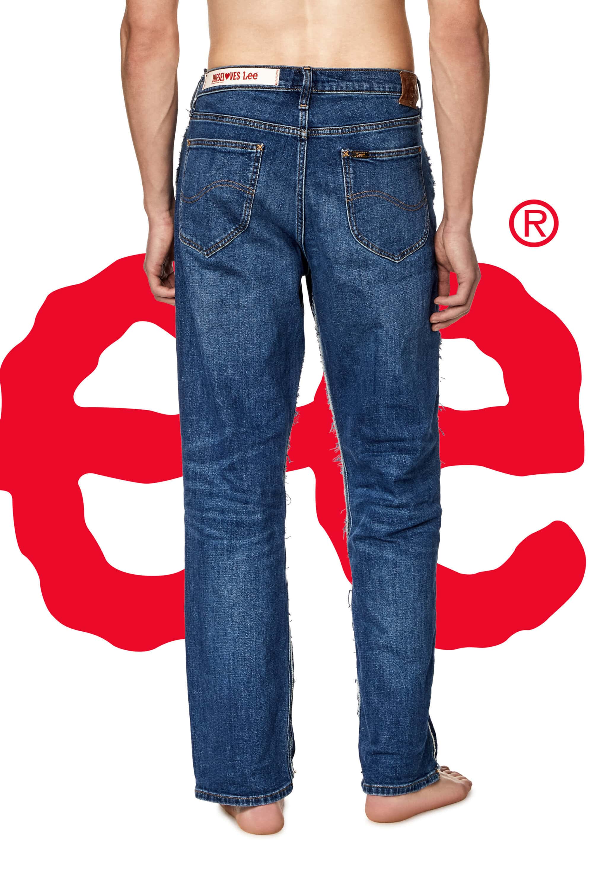 Back view of a person wearing blue denim jeans, showcasing the fit and style against a plain white and red graphic backdrop.