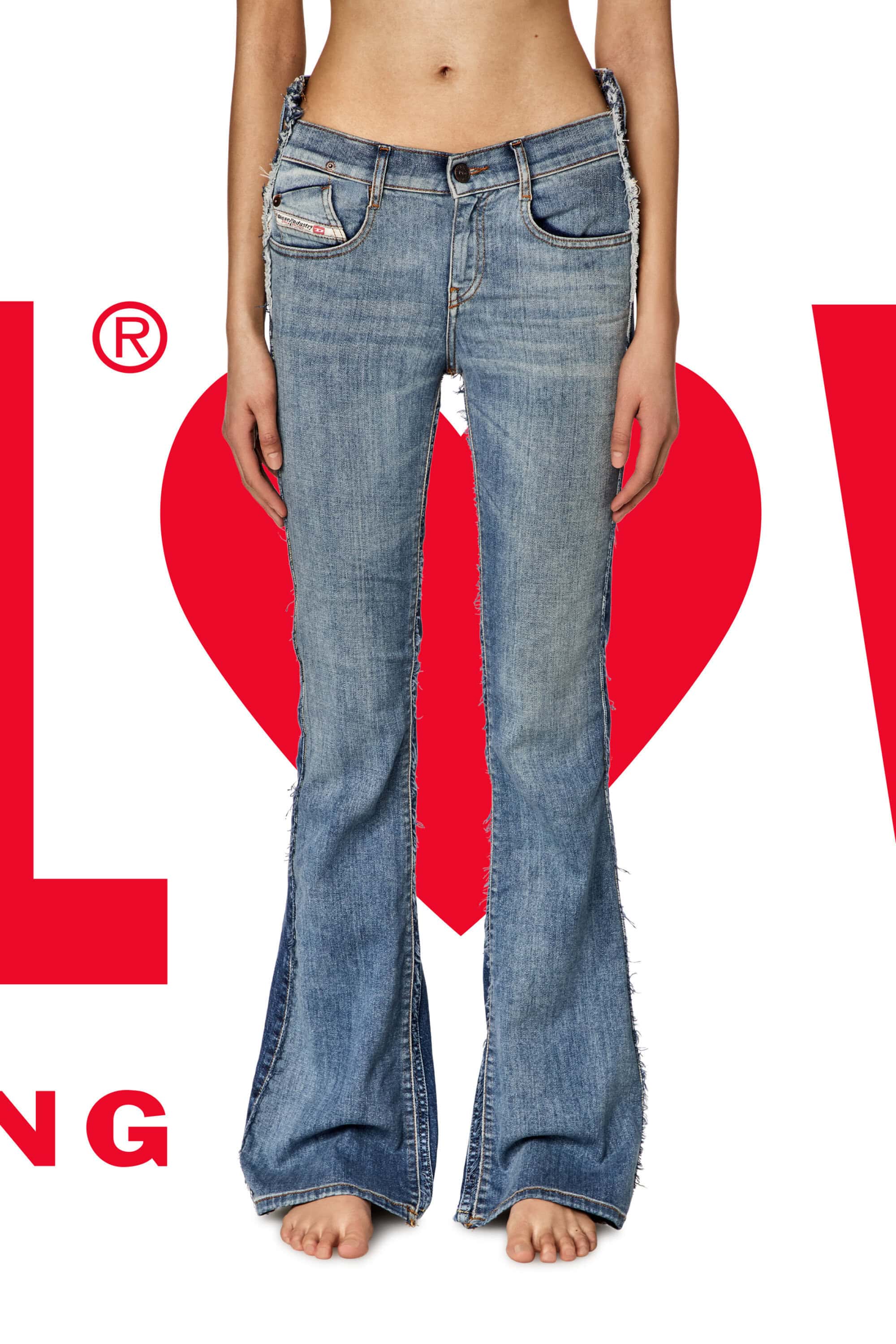 Fashion shot featuring light wash denim bell bottom jeans on a person against a white background with graphic text and heart shape.