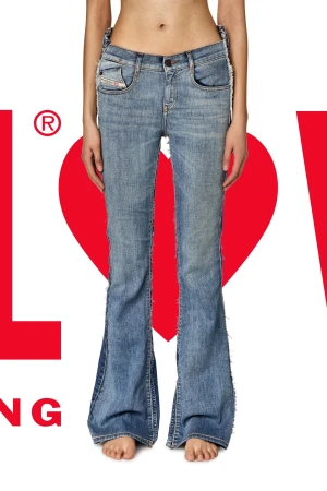 Fashion shot featuring light wash denim bell bottom jeans on a person against a white background with graphic text and heart shape.