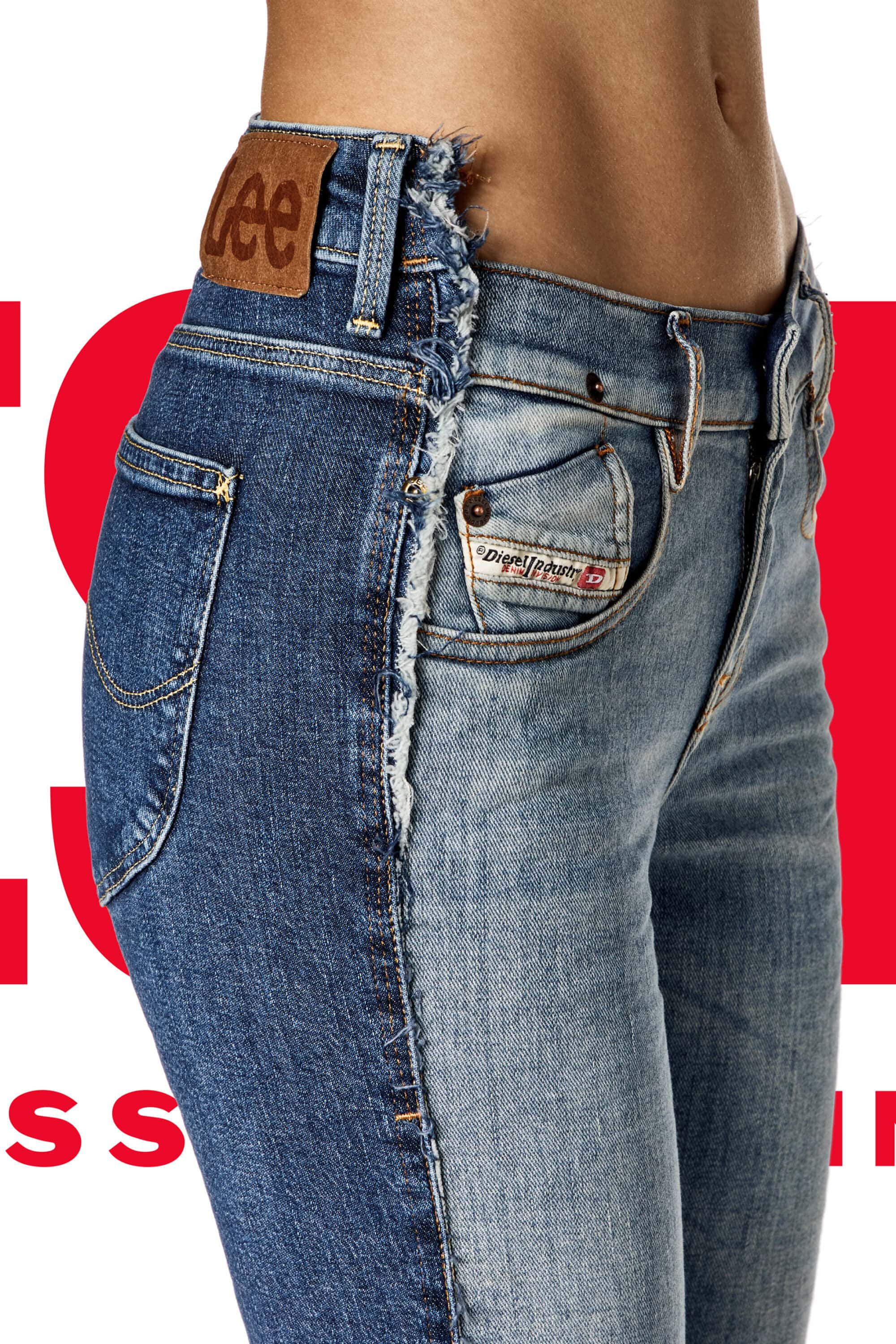 Close-up studio shot of a woman wearing fashionable two-tone denim jeans with the brands LEE and Diesel visible on the waistband and pocket.