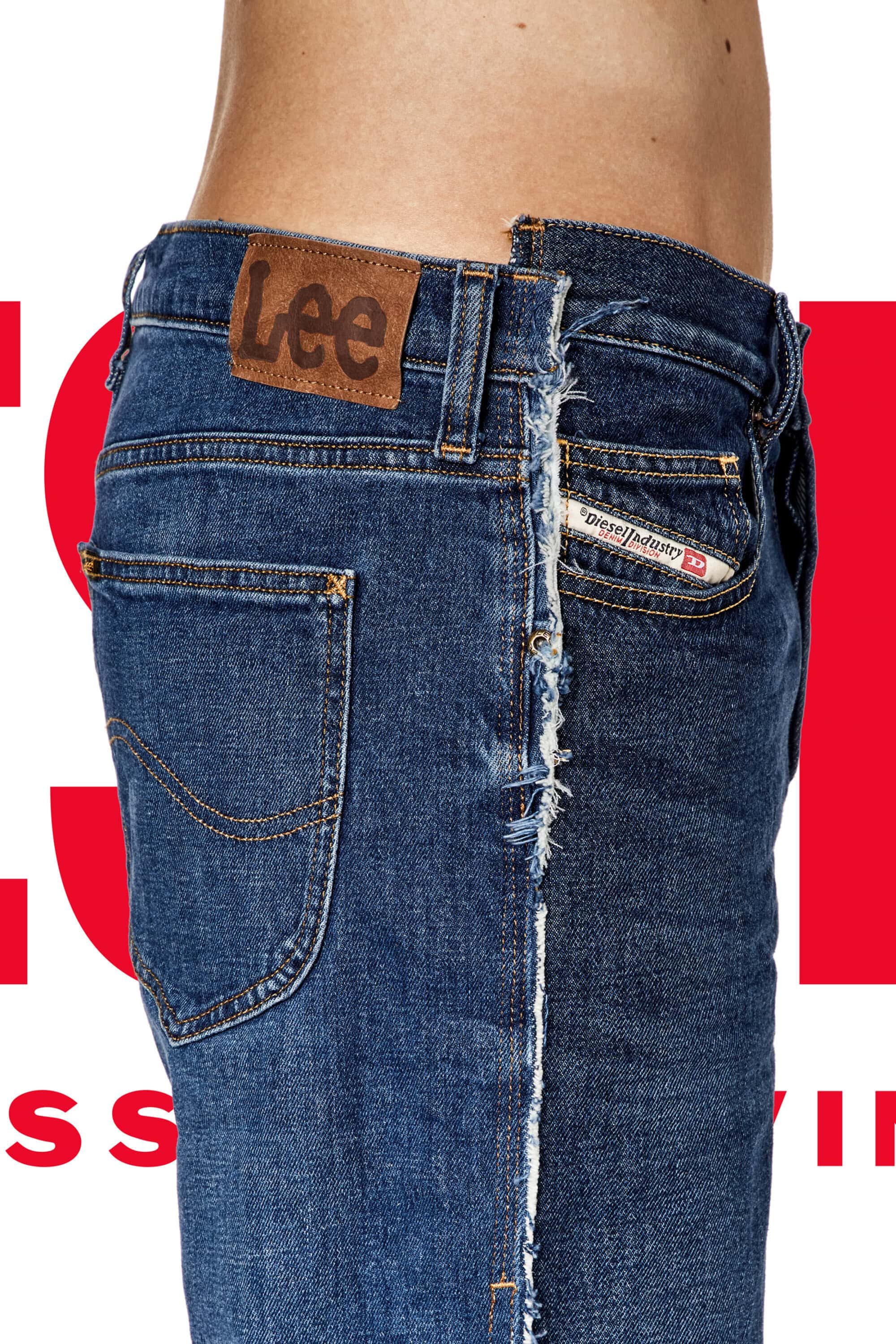 Two denim jeans sewn together showcasing different brands, washes, and pockets against a white backdrop, with a red graphic.