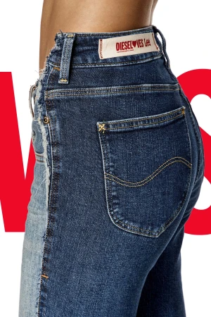 Close-up fashion shot of a fair-skinned model wearing dark wash denim jeans with a patch on the waistband and a red graphic element.
